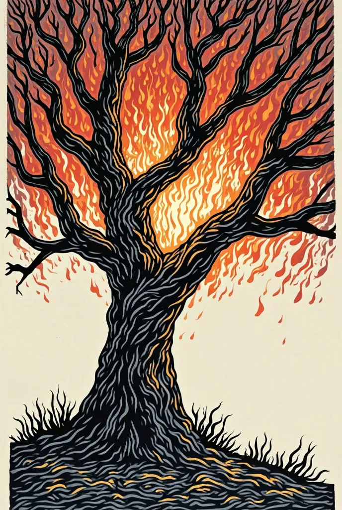 An illustration of the burning bush,  as described in the Bible , In the woodcut style . The tree has twisted branches, detailed with strong lines and deep shadows, creating a contrast effect typical of wood engraving. The flames surrounding the bush are s...