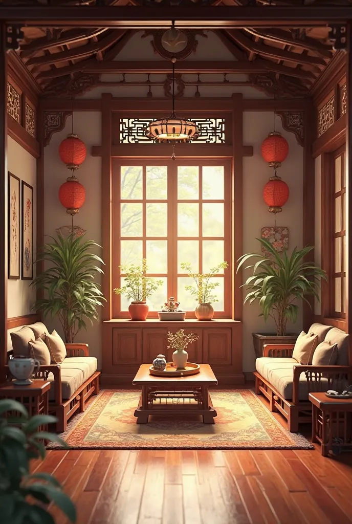 The scene is set in a small wooden living room of a Chinese house.