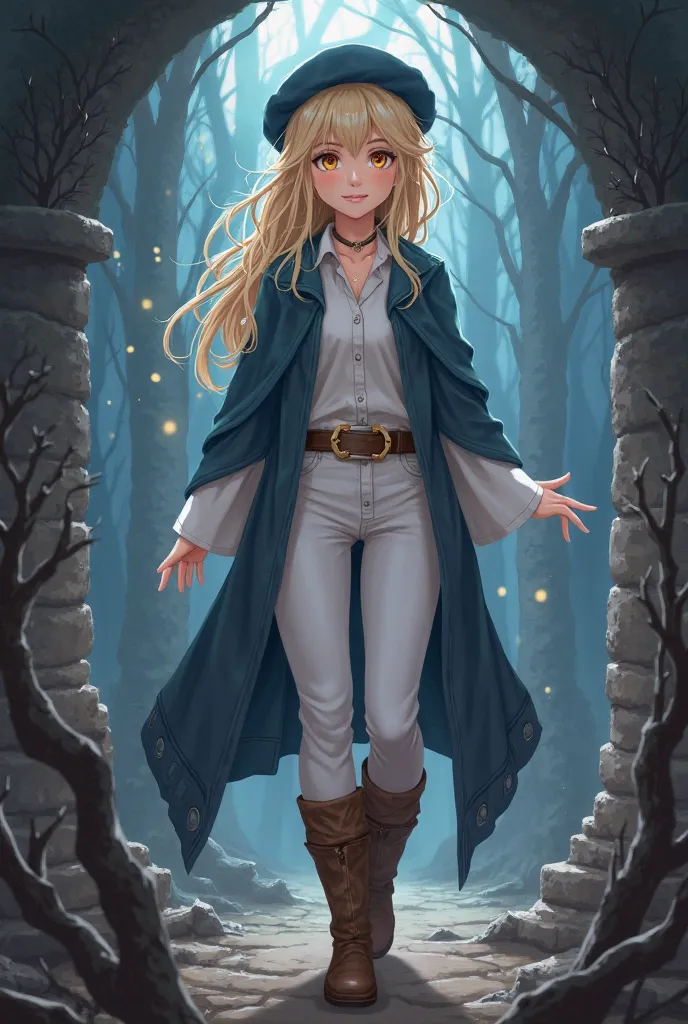 Anime style, depicting Farlin, a pale-skinned woman with beautiful amber eyes and messy, light dirty-blonde hair reaching her neck. She wears a long white shirt with sleeves and white pants under a dark blue cloak. Her outfit is completed with knee-high br...