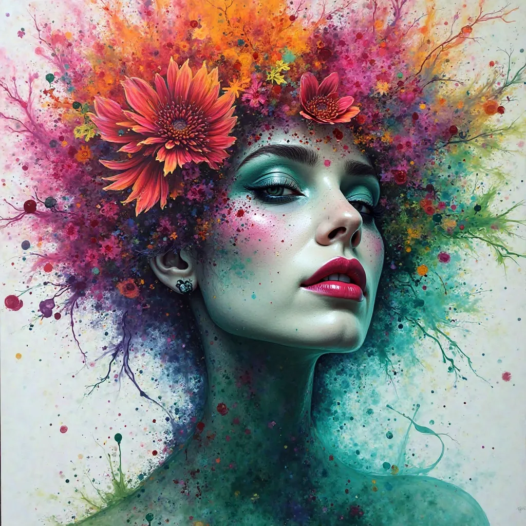 A surreal painting with splattering ink, vibrant and dynamic, [swirling, blending, dripping, blooming, morphing], dreamlike and enchanting atmosphere, color palette of vivid greens, pinks, and teals, creative lighting style with radiant highlights and deep...