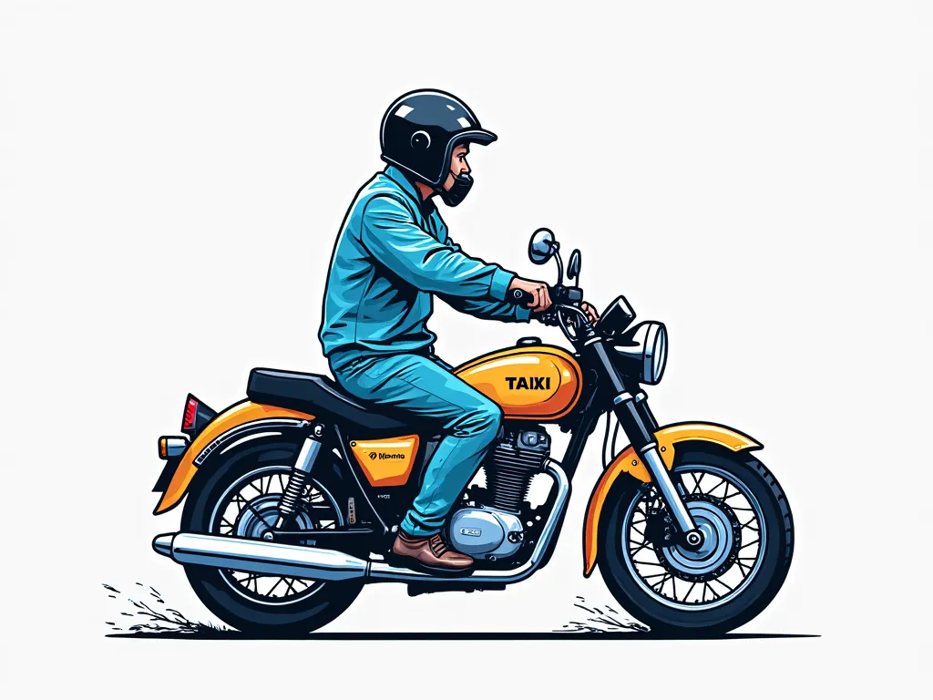 VECTOR DRAWING OF A MOTORCYCLE TAXI DRIVER ON A MOTORCYCLE, THE MOTORCYCLE TAXI DRIVER IS WEARING A HELMET AND WEARING A LONG SLEEVE SHIRT IN THE COLOR SKY BLUE, HE IS AT AN ANGLE FACING FORWARD A BIT ON THE SIDE, LINEAR VECTOR DRAWING,  colored