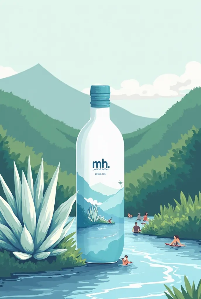 500 ml, water bottle with a maguey using white and blue tones, with a bottom of a green mountain and a river with people, with a caption that says MH purified water