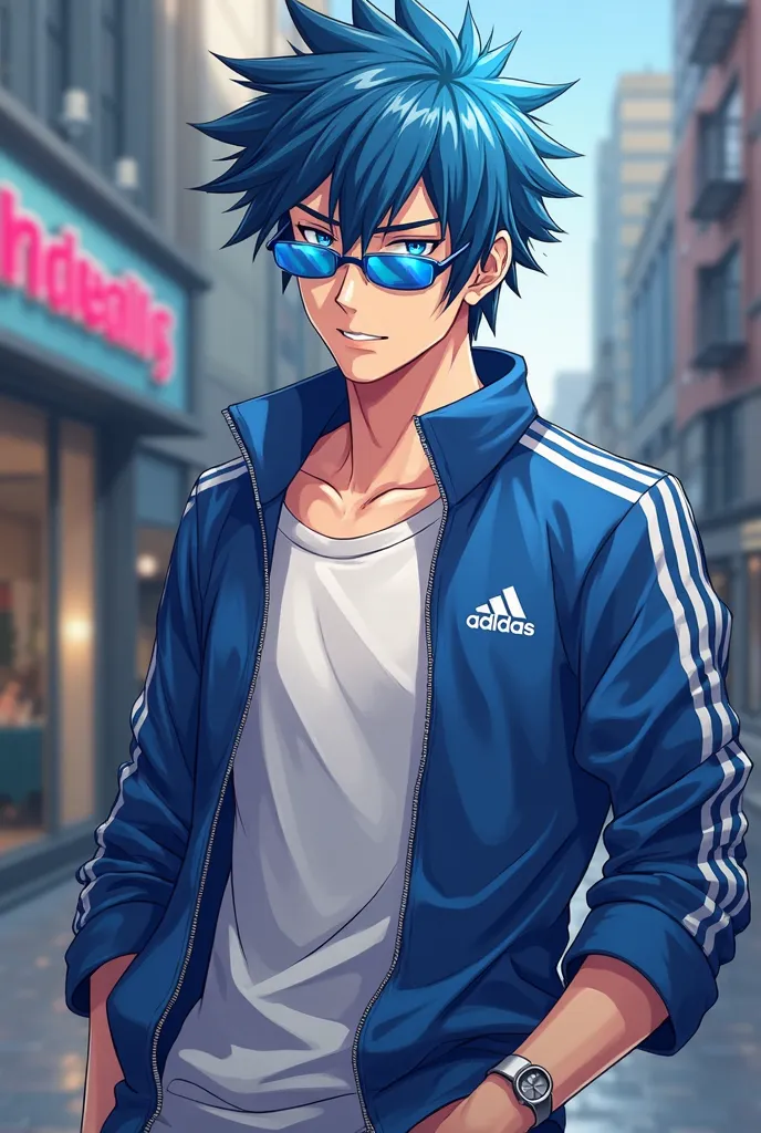  male anime character, Blue Sunglasses, blue Adidas blouse with open zipper