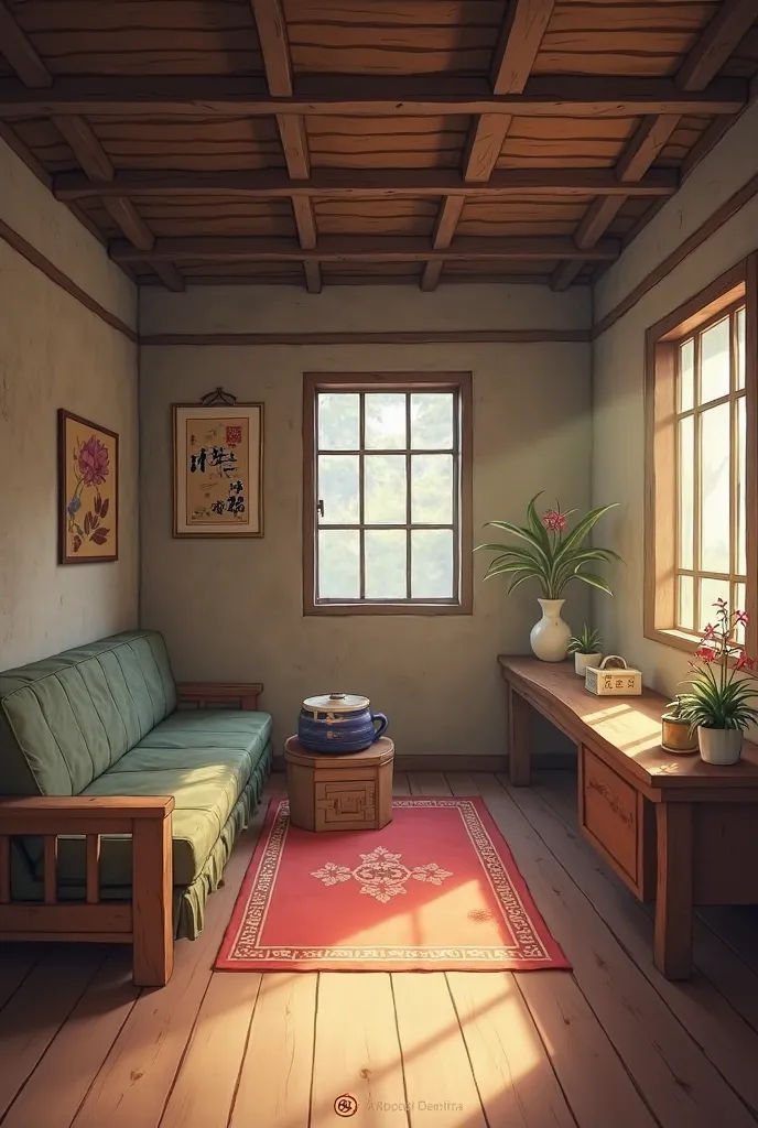 The scene is set in a small, fairly clean wooden living room of a poor Chinese household.