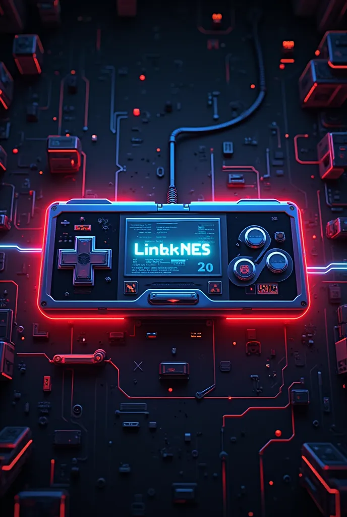 A modern and impactful, with a theme that combines nostalgia and technology. Use vibrant colors like electric blue, red and black, with neon details for a futuristic effect.  in the center, Highlight the name 'LinkNES'