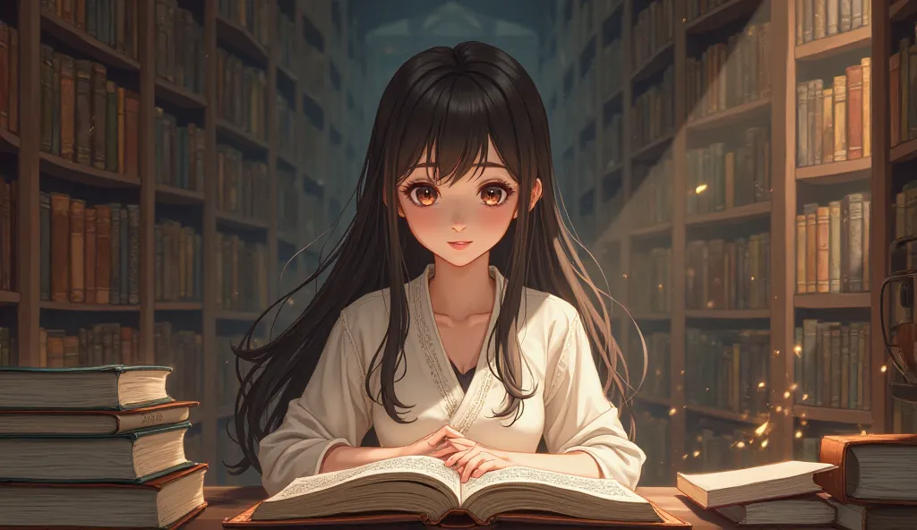 Generated the anime picture of a girl , she is 22 year old. She is researching in library.