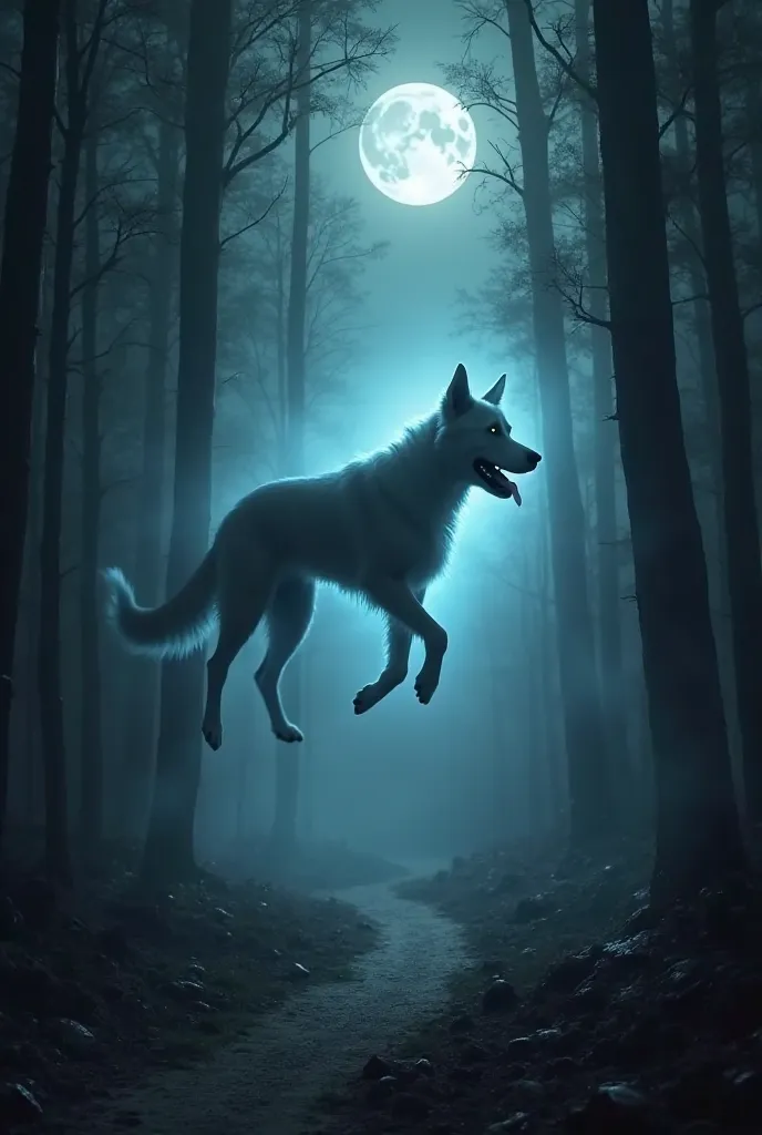 "The sight of a ghostly dog, floating among trees in a dark forest, with a ghostly glow around it. The setting conveys a supernatural feeling, with a full moon illuminating the environment and a trail of fog on the ground."