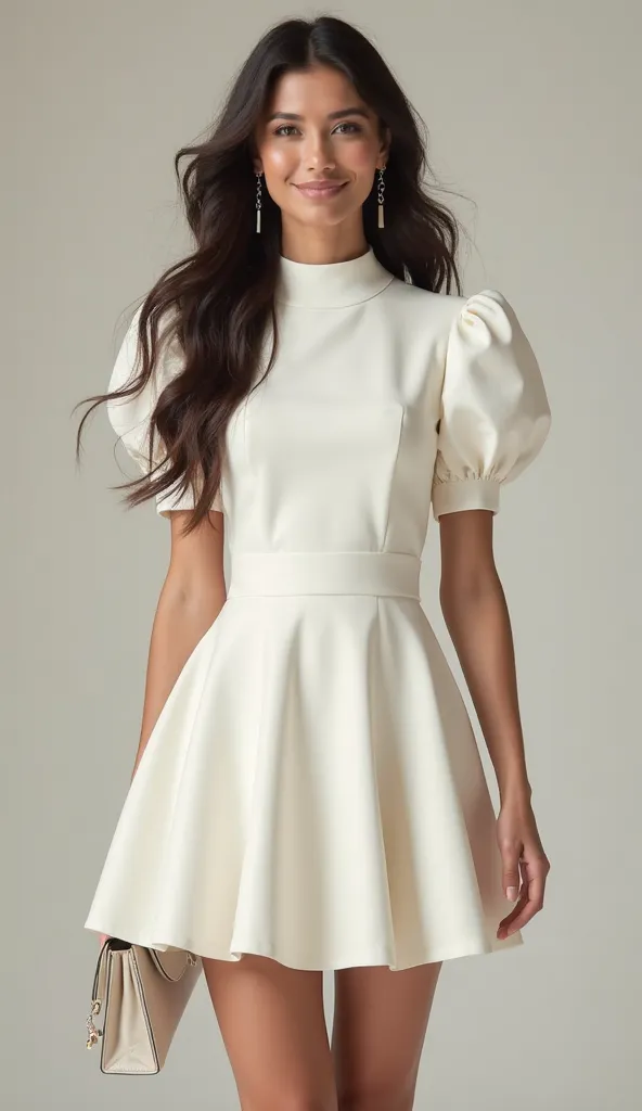 The ivory-white mini dress is designed to showcase the full body, ensuring the legs and face are visible, creating a balanced and elegant aesthetic. The high, mock neckline sits closely around the neck, offering a sleek, structured look, while the sculpted...