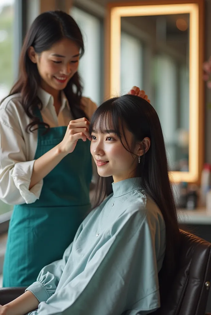  8k ultra realistic A Japanese woman getting her hair cut at a beauty salon. The Japanese woman who does the client's hair is sitting in a higher chair, wearing a teal apron. She has beautiful hands and fingers. The client is 25 years old ,She has a shapel...