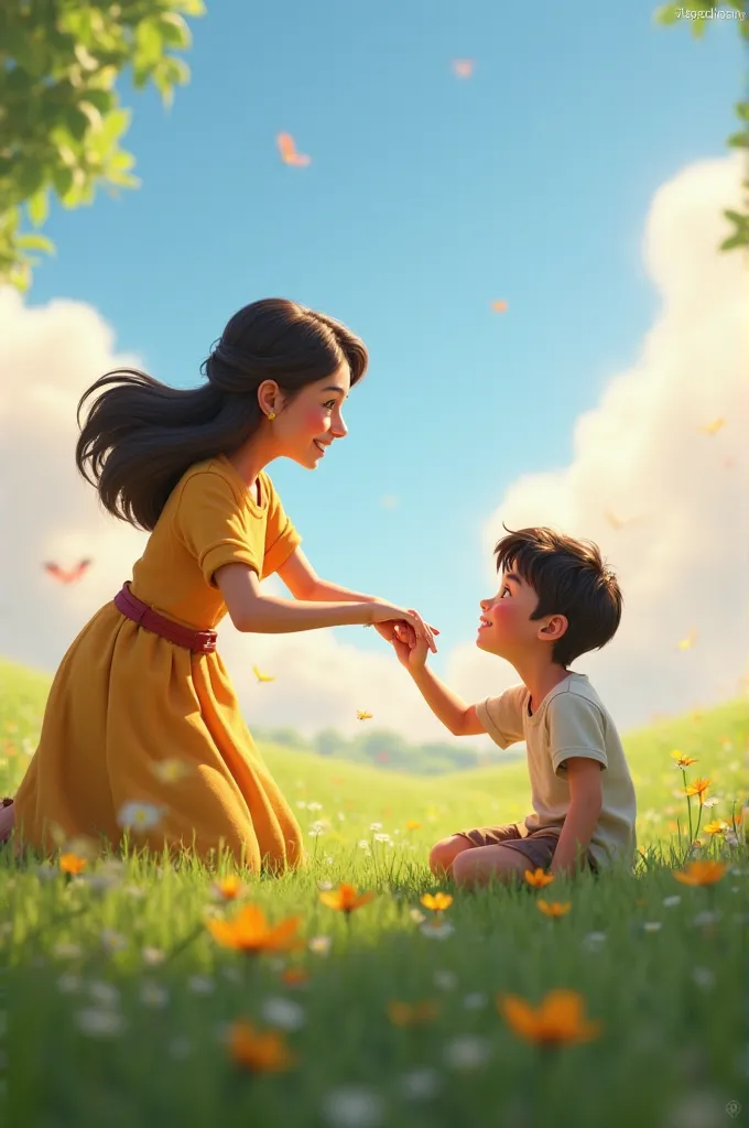 "A mother helping her son to get up from the ground, with her extending her hand as he smiles, filled with determination. The background is outdoors, in a verdant field, conveying a sense of overcoming and unconditional support." Disney 3d image 