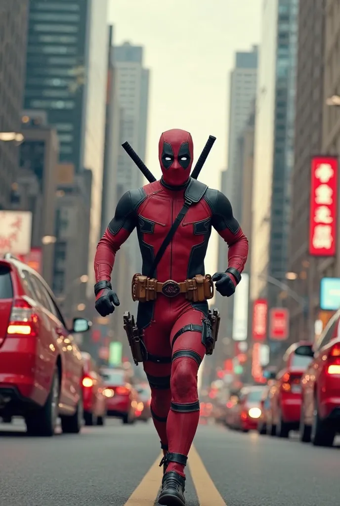 Here is a prompt to generate an image similar to the one you submitted:

**Prompt:**  
"A superhero in a red and black suit similar to Deadpool is running on a busy avenue in a modern city. He wears a red mask with white eyes and has two katana swords cros...