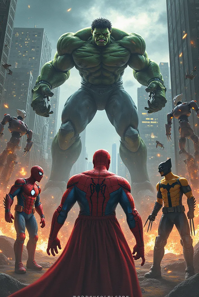 Haz a Spiderman, a iron man, To the Incredible Hulk, Batman and Wolverine fighting against Robots