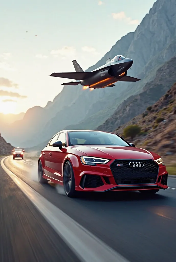 Generate me an image of an Audi rs3 being chased by an F-35 fighter jet on the highway at full speed. Imagine realistic and detailed with a speed effect the photo must appear truer than life 