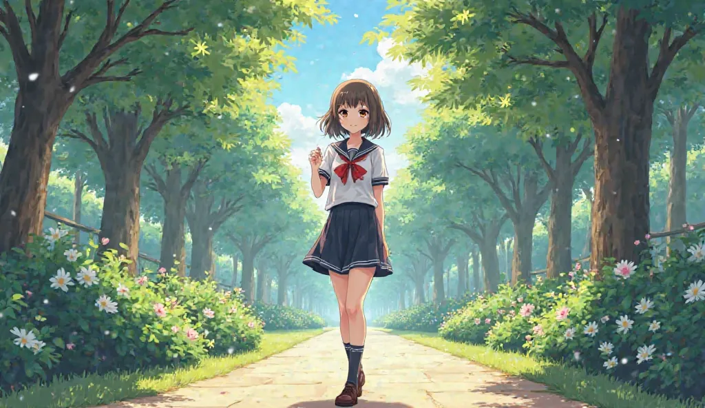 Generated the anime picture of a girl , she is 22 year old. She is walking to school with background of garden and tree. 