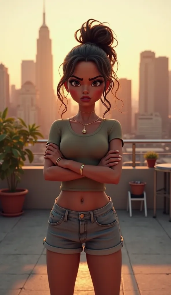 A highly detailed 3D-style scene of Zendaya, dressed in casual clothes, standing on a rooftop terrace. She is looking straight ahead with an irritated expression, her brows furrowed and her lips slightly pursed in frustration. Her arms are crossed firmly a...