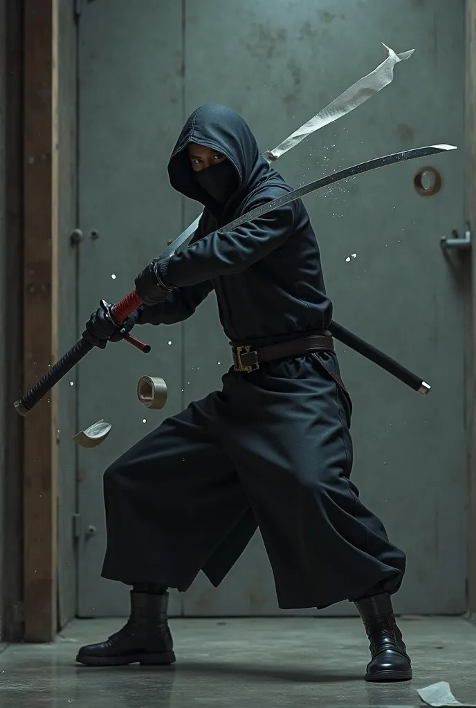 Show me a ninja slicing through a roll of tape with his sword. 