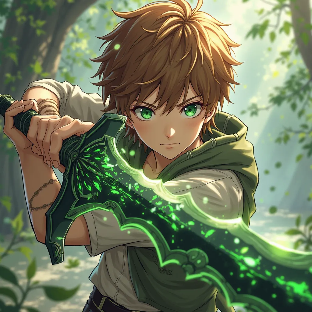 Brown-haired anime boy with green eyes with a black-and-green sword with the power of nature