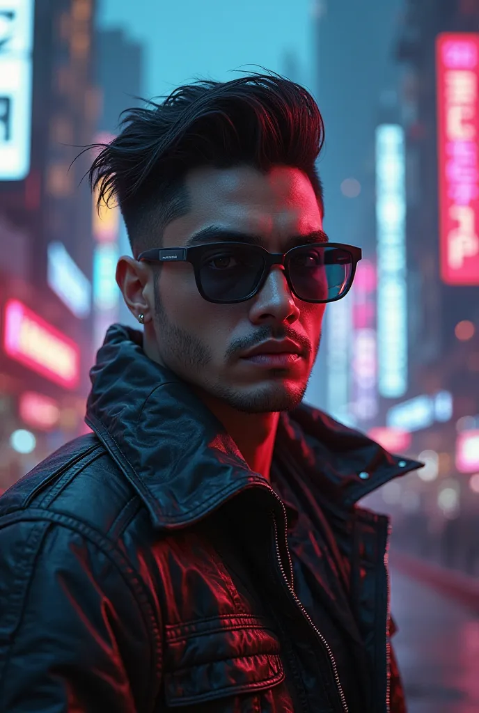 Young Latin American man, black hair, dark glasses, cyberpunk style