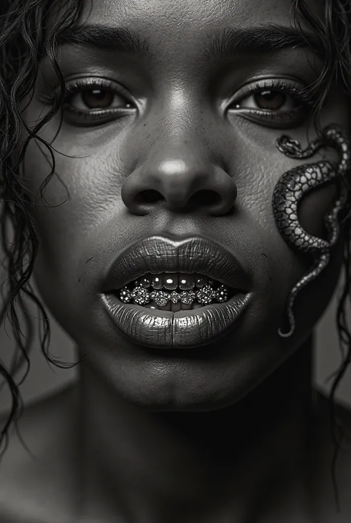 Mouth with grillz, foreground, monochrome, snake tattoo on the cheek
