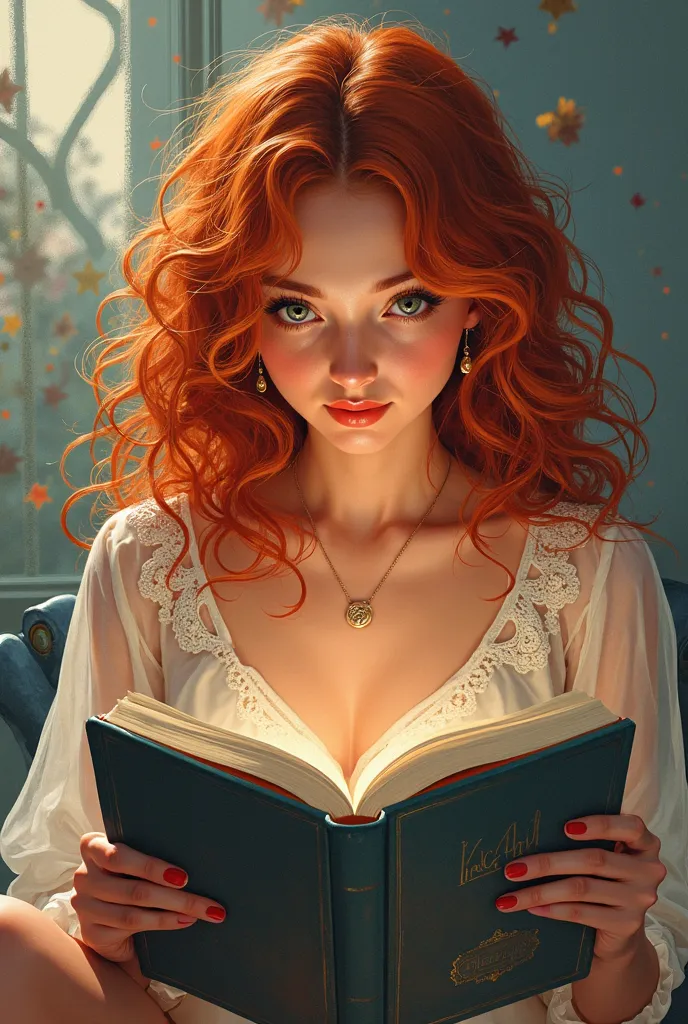 Create a book cover with a girl lendo um livro  in styl de pintura one with curly red hair up to her shoulder wearing clothes from the 80s