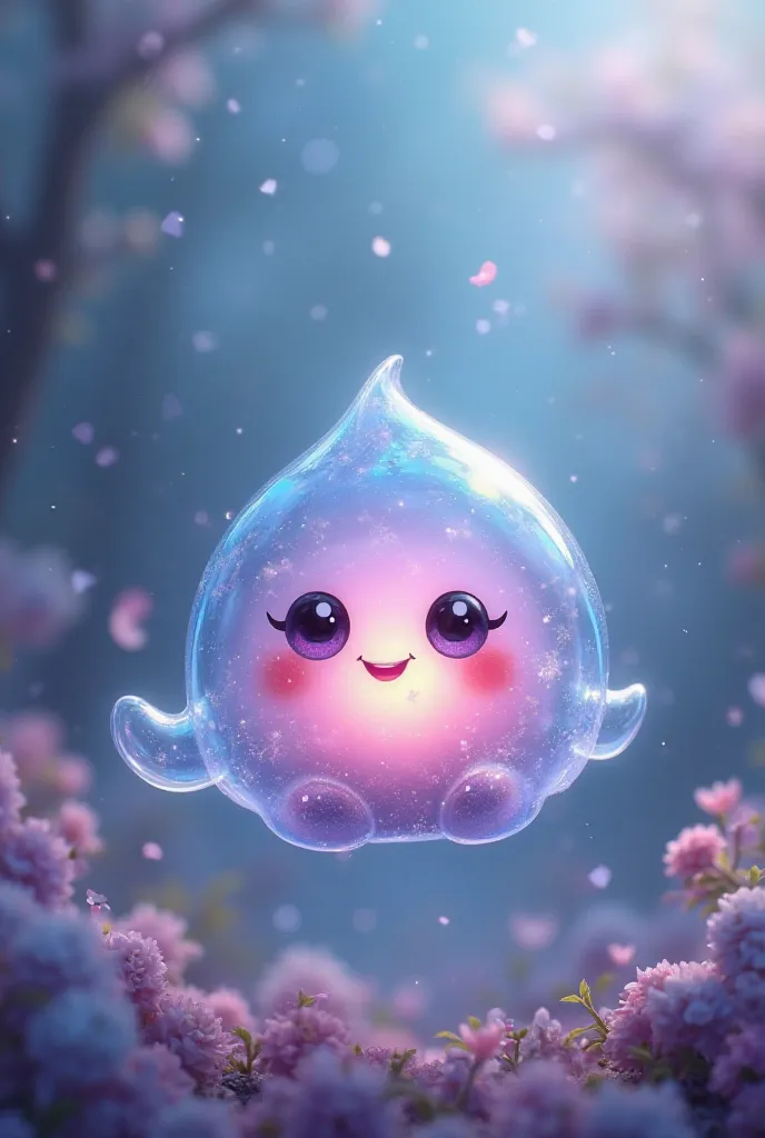 "A small, cute bubble-like creature with a translucent, jelly-like body. It has a soft, glowing core in the center, giving it a magical and friendly appearance. The creature has tiny, expressive eyes and a cheerful, playful expression. It floats gently in ...