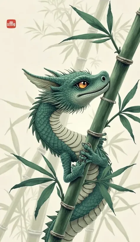 Capture a playful dragon peering through swaying bamboo stalks, its scales textured with cross-hatched ink. Bamboo leaves are rendered in sharp, calligraphic strokes, with pale celadon tones in the background. Style: Monochromatic palette with touches of m...