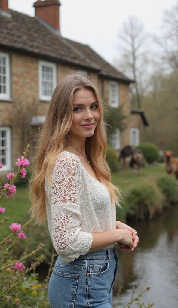 portrait a beautiful woman, wearing blose and blue jeans, in the countryside by the river, with grazing across the river in England. The cottage has a vintage style and large windows. The weather is spring-like. There are pink flowers in front of the house...