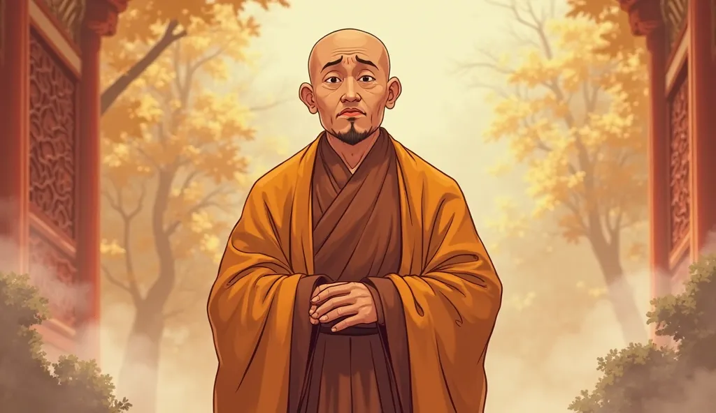 a Chinese Buddhist Gurudev standing with his forward face is focused to the viewer, dressed in flowing saffron and brown robes. His posture is calm yet sorrowful as he thinking about something, cartoon 