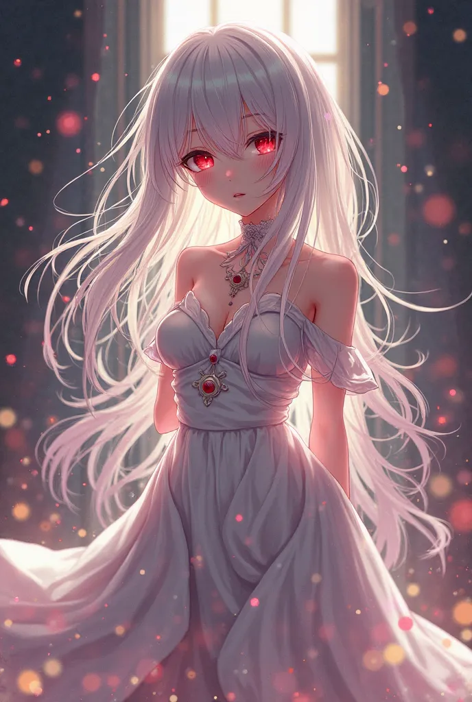 Waist-length white hair, female gender, red eyes, random dress and outfit, Appearance of a  girl, C- cup, art anime, diva