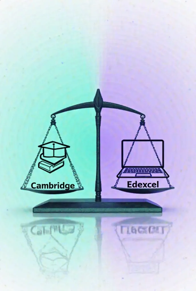 "A creative design featuring a balance scale. On the left side of the scale, represent Cambridge IGCSE with an academic symbol, like a book or graduation cap. On the right side, represent Edexcel IGCSE with a modern, tech-inspired symbol, like a laptop or ...