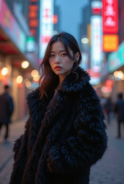 created a picture of Linh's sister wearing a black furry MLB jacket in South Korea