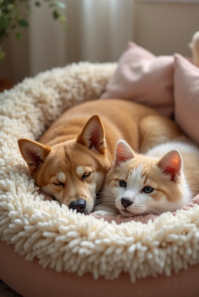 A cat and a dog on a pet bed and the picture says:A cat and a dog on a pet bed and the picture says:Šilta, ramu ir jauku - tavo augintiniui tikrai bus smagu ! 