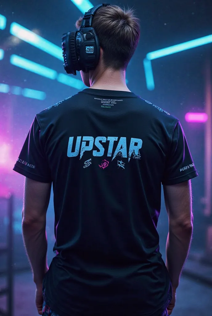 Tee shirt pour faire un tournoi de pubg , style futuriste dominante , couleur tout en noir suaf les motif et la phrase qui sont en bleu et violet,  avec la phrase UPSTAR , 