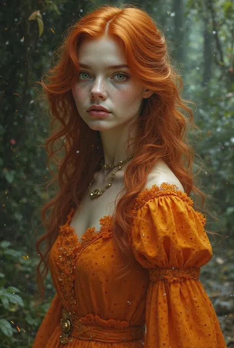 Let's create a 20-year-old 19th century woman, she has red hair, green eyes, white skin, she wears the color orange in her clothes to look like a sorceress.