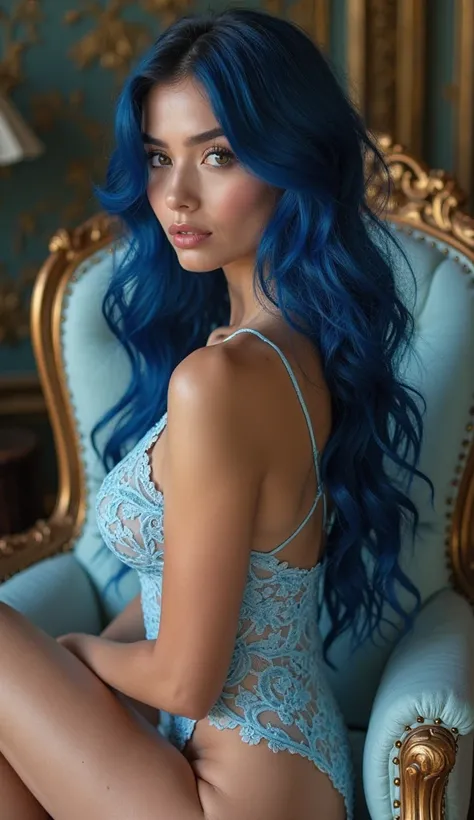 profile-view of A breathtaking influencer with long cascading cobalt-blue hair and curvy, wearing pale blue lace body and sat on a large fauteuil