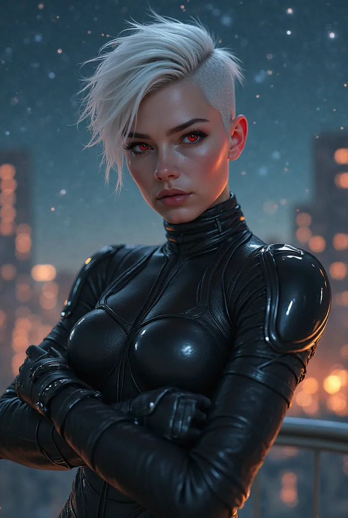 Young, gorgeous albino woman with red eyes and short white hair in a half shaved-half pixie hair cuta serious expression on her face, standing with her arms crossed, wearing an all black spandex armor suit, having a muscular and buff male-like form, a star...