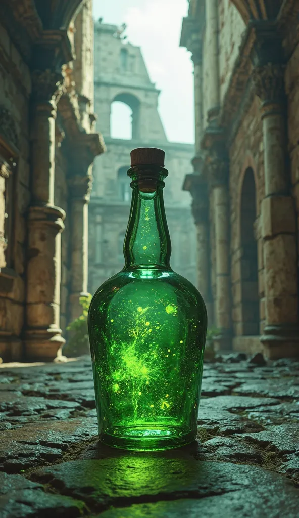 Bottle with green liquid in the center of a Roman coliseum,  ultra real and professional images