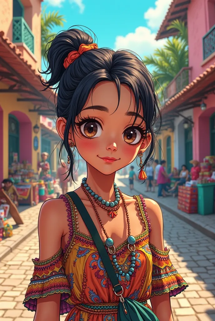 Create a manga-style girl in a city in Nicaragua, with Nicaraguan clothes