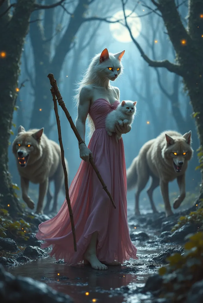 “A fierce and determined anthropomorphic white cat mother in a flowing pink dress, gripping a wooden staff as she stands protectively against a pack of snarling wolves with glowing yellow eyes. She holds her small white kitten close, wrapped in a soft clot...