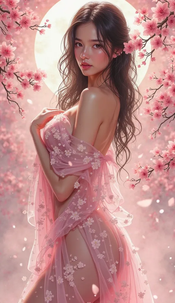 A picture with a pink aesthetic ， loose clothing 、 exposed shoulders 、Belly button popping、How to wear a dark transparent halter robe、 It creates a fantastic and dreamy atmosphere 、 The transparent material makes the skin glow 、Wearing a robe made of wet t...