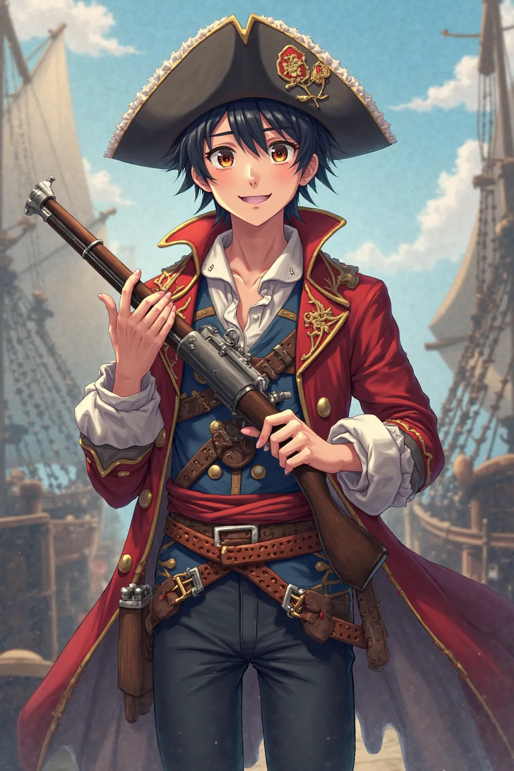 a young man Courrier Pirate 19-year-old ,18th-century attire fashion, holding a rifle, smiling, anime artwork high-resolution 