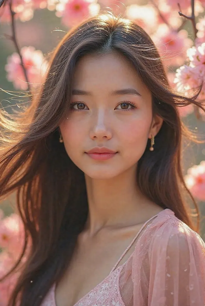 A close-up portrait of a stunning Asian woman standing among blossoming trees, her face illuminated by soft golden light. Her long, silky hair is caught in a gentle breeze, creating a natural, dynamic effect. She wears minimalistic makeup, emphasizing her ...