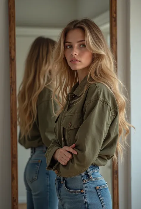 Realistic girl, 25 years old, brown eyes,  blond hair, wearing jeans and a jacket, he stands in front of a mirror