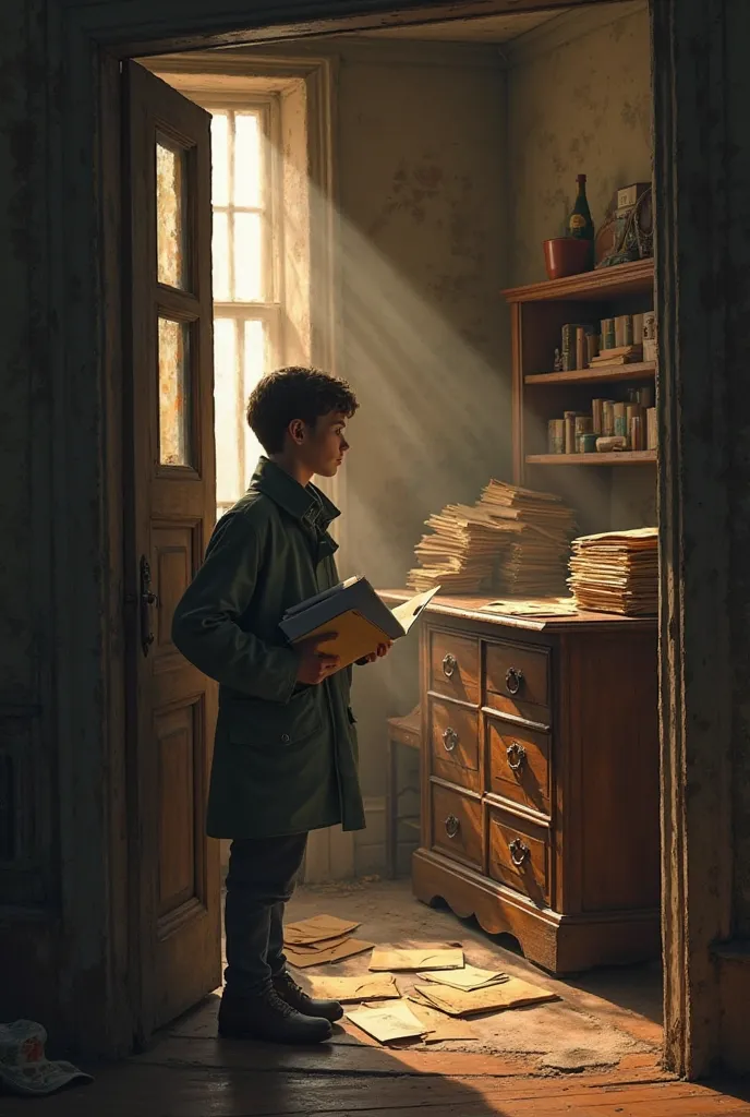 A young mailman in a raincoat stands at the doorstep, holding a bundle of letters. His eyes scan the dusty desk, where dozens of unsent envelopes are stacked neatly. A warm glow from the fireplace casts long shadows in the room as curiosity fills his face.