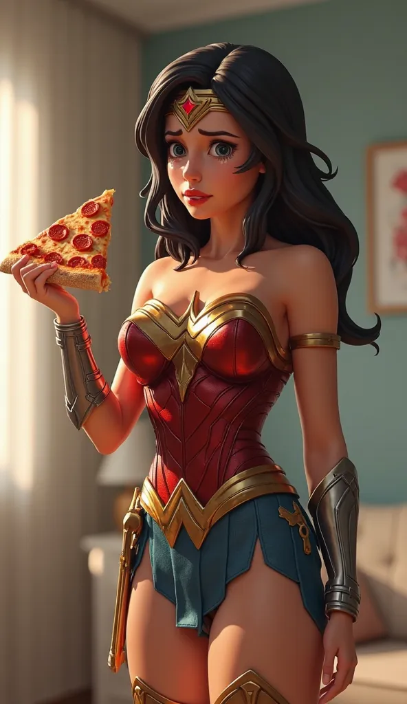 Aqui está o prompt conforme solicitado:

"A highly detailed 3D-style scene of Wonder Woman in her iconic armor, holding a slice of pepperoni pizza in one hand, with tears running down her face. Her expression shows a mix of sadness and frustration as she s...