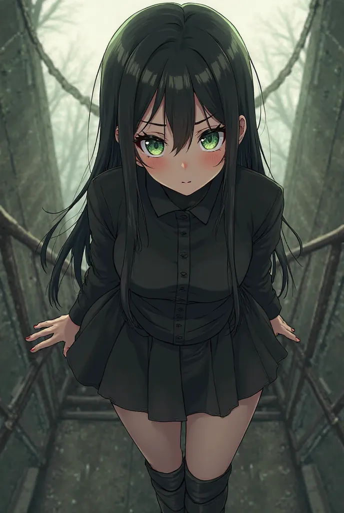 Would you make me the image of an anime-style girl with 20 years who wears a mistress's dress and who has half-closed green eyes that look at you from top to bottom and long black hair. She wears leather boots and both her clothes and her boots are black. ...