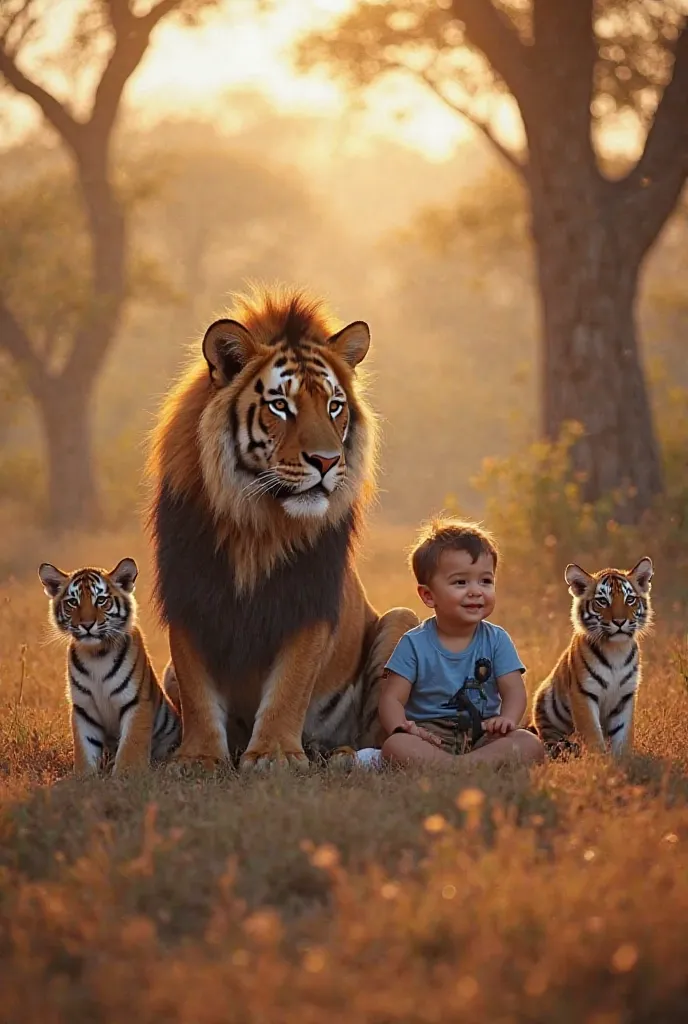 "A magnificent tiger sits comfortably in the middle of the African forest, its three little ones are playing around, and an innocent-looking  is sitting next to a smiling lion wearing a blue T-shirt and a black neckerchief. Golden light is scattered in the...