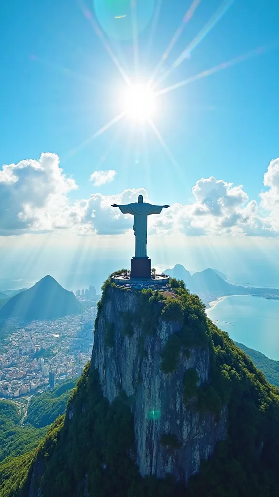 A bright and colorful view of the Christ the Redeemer statue in Brazil, statue standing on top of Mount Corcovado. Blue sky with fluffy white clouds. Sunlight illuminates the, emphasizing its grandeur. Below is a panorama of Rio de Janeiro with green hills...