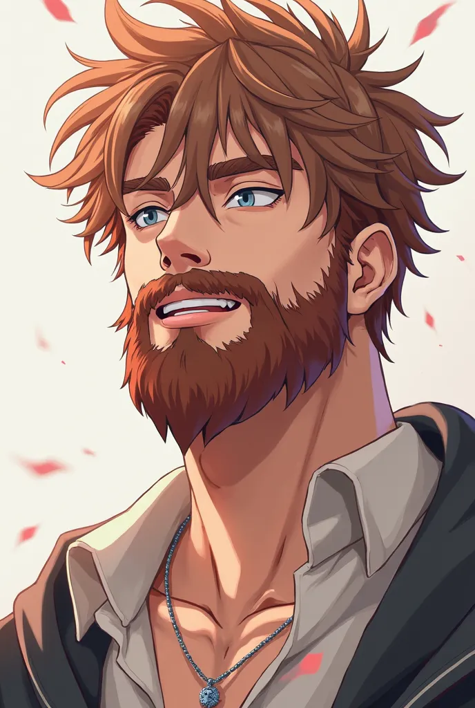 Male close to 30 years old, light brown hair with some red hair, short hair in gradient style, big beard style, In light brown and red colors, white skin color, slim but defined body, Height close to 1,77 (anime style)  outfit, He has a high level of naugh...