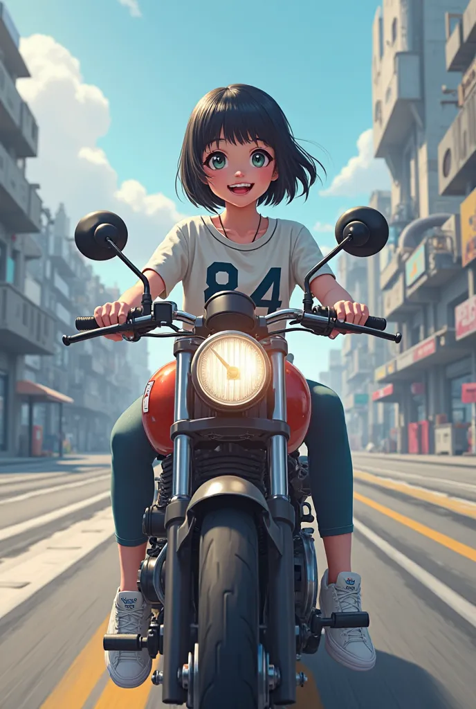 The girl in the shirt with the number 84 , black hair, short shoulder-width, bangs, Happy Face Holding Phone IP 13 Pro Max Riding Motorcycle Vision Grey